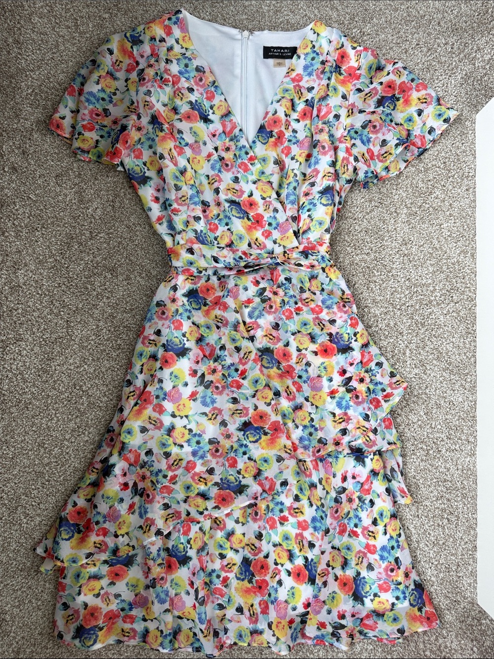 Tahari White Floral Ruffle Wrap Dress
